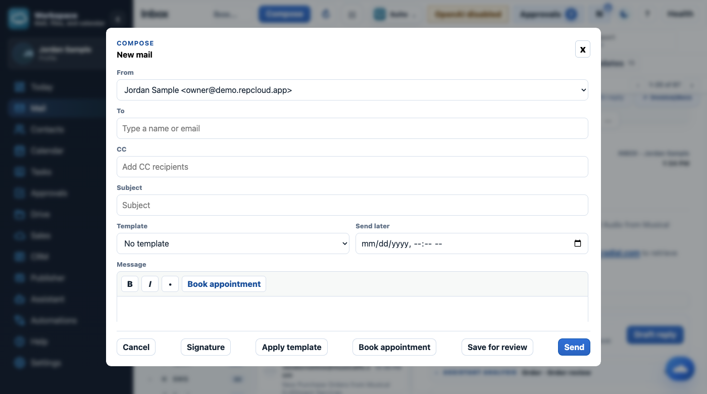RepCloud Workspace mail composer